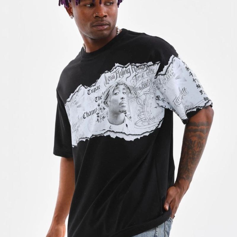 Erkek Bisiklet Yaka Baskılı Oversize T-Shirt - Siyah Erkek Bisiklet Yaka Baskılı Oversize T-Shirt - Siyah