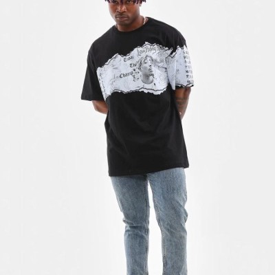 Erkek Bisiklet Yaka Baskılı Oversize T-Shirt - Siyah Erkek Bisiklet Yaka Baskılı Oversize T-Shirt - Siyah