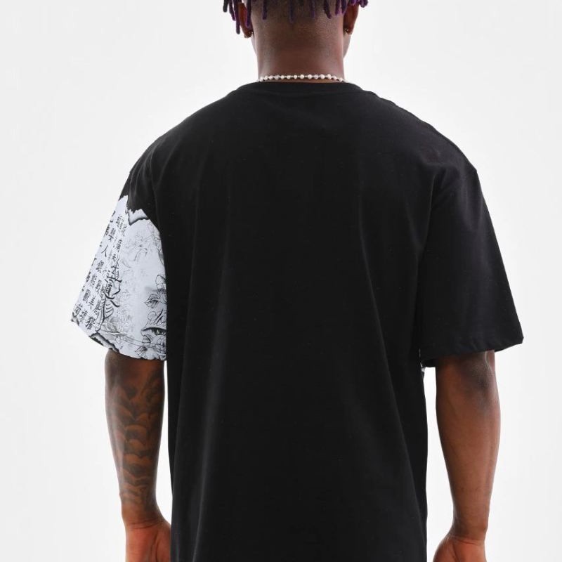 Erkek Bisiklet Yaka Baskılı Oversize T-Shirt - Siyah Erkek Bisiklet Yaka Baskılı Oversize T-Shirt - Siyah