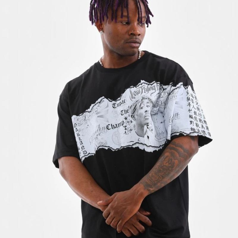 Erkek Bisiklet Yaka Baskılı Oversize T-Shirt - Siyah Erkek Bisiklet Yaka Baskılı Oversize T-Shirt - Siyah