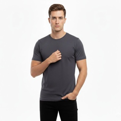 Erkek Bisiklet Yaka Slim Fit dar kesim Likralı Tişört - Füme