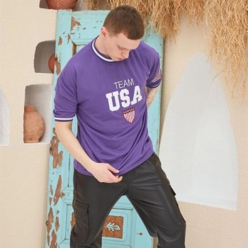 Erkek Bisiklet Yaka Tişört Nakış İşlemeli Kısa Kol Oversize T-Shirt - Mor Erkek Bisiklet Yaka Tişört Nakış İşlemeli Kısa Kol Oversize T-Shirt - Mor