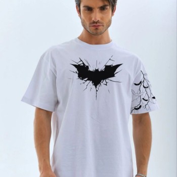 ERKEK Bisiklet yaka tişort Ön ve Kol YARASA Baskılı T-shirt - Beyaz ERKEK Bisiklet yaka tişort Ön ve Kol YARASA Baskılı T-shirt - Beyaz