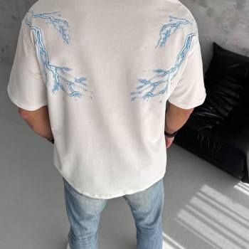 Erkek Bisiklet Yaka Tişört Yıldırım Şimşek Baskılı Kısa Kol T-Shirt - Beyaz Erkek Bisiklet Yaka Tişört Yıldırım Şimşek Baskılı Kısa Kol T-Shirt - Beyaz