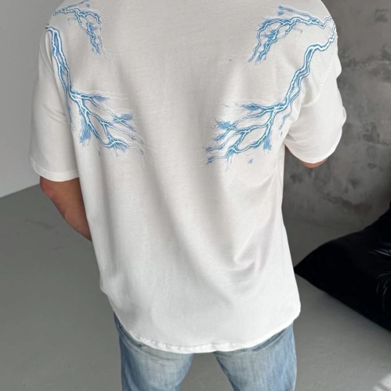 Erkek Bisiklet Yaka Tişört Yıldırım Şimşek Baskılı Kısa Kol T-Shirt - Beyaz