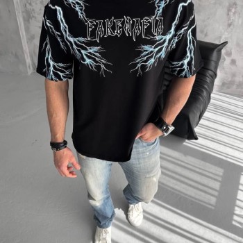 Erkek Bisiklet Yaka Tişört Yıldırım Şimşek Baskılı Kısa Kol T-Shirt -Siyah Erkek Bisiklet Yaka Tişört Yıldırım Şimşek Baskılı Kısa Kol T-Shirt -Siyah