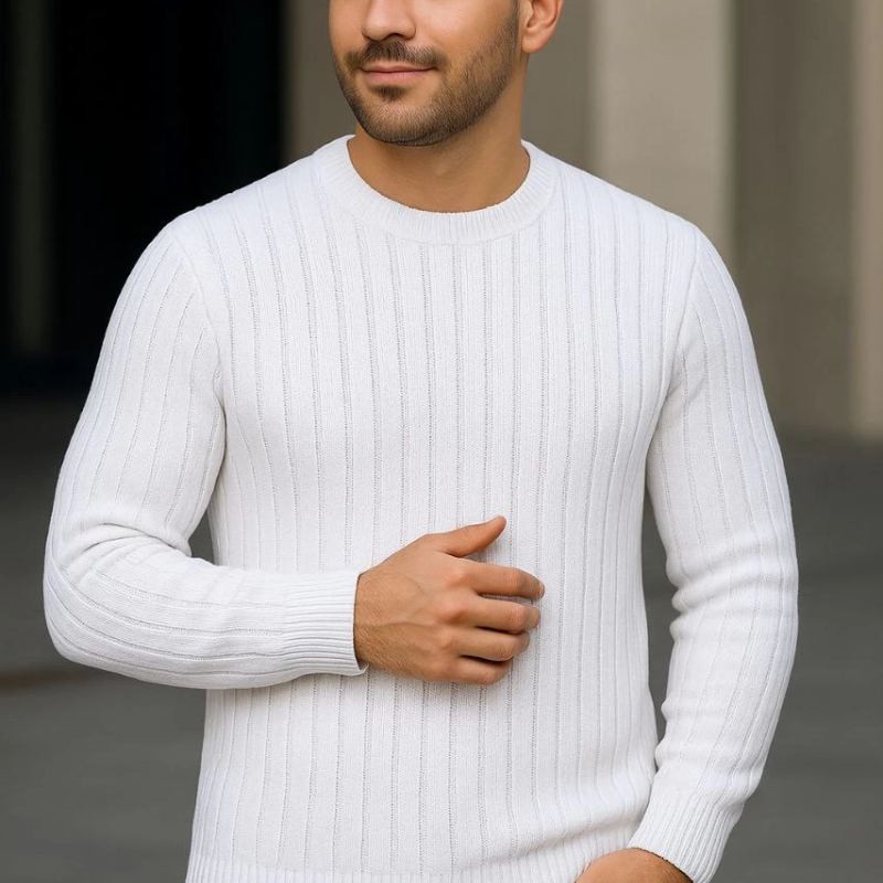 Erkek Bisiklet Yaka Triko Kazak Pamuklu Kalın Fitilli Dokuma Regular Fit - Beyaz Erkek Bisiklet Yaka Triko Kazak Pamuklu Kalın Fitilli Dokuma Regular Fit - Beyaz