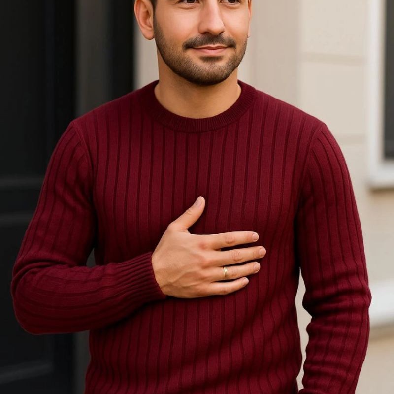 Erkek Bisiklet Yaka Triko Kazak Pamuklu Kalın Fitilli Dokuma Regular Fit - Bordo Erkek Bisiklet Yaka Triko Kazak Pamuklu Kalın Fitilli Dokuma Regular Fit - Bordo