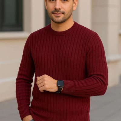 Erkek Bisiklet Yaka Triko Kazak Pamuklu Kalın Fitilli Dokuma Regular Fit - Bordo Erkek Bisiklet Yaka Triko Kazak Pamuklu Kalın Fitilli Dokuma Regular Fit - Bordo