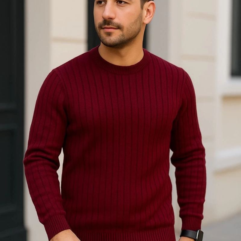 Erkek Bisiklet Yaka Triko Kazak Pamuklu Kalın Fitilli Dokuma Regular Fit - Bordo Erkek Bisiklet Yaka Triko Kazak Pamuklu Kalın Fitilli Dokuma Regular Fit - Bordo