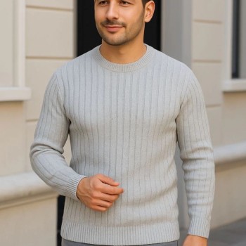 Erkek Bisiklet Yaka Triko Kazak Pamuklu Kalın Fitilli Dokuma Regular Fit - Gri Erkek Bisiklet Yaka Triko Kazak Pamuklu Kalın Fitilli Dokuma Regular Fit - Gri