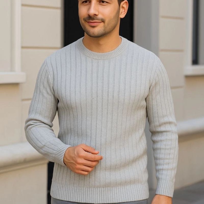 Erkek Bisiklet Yaka Triko Kazak Pamuklu Kalın Fitilli Dokuma Regular Fit - Gri