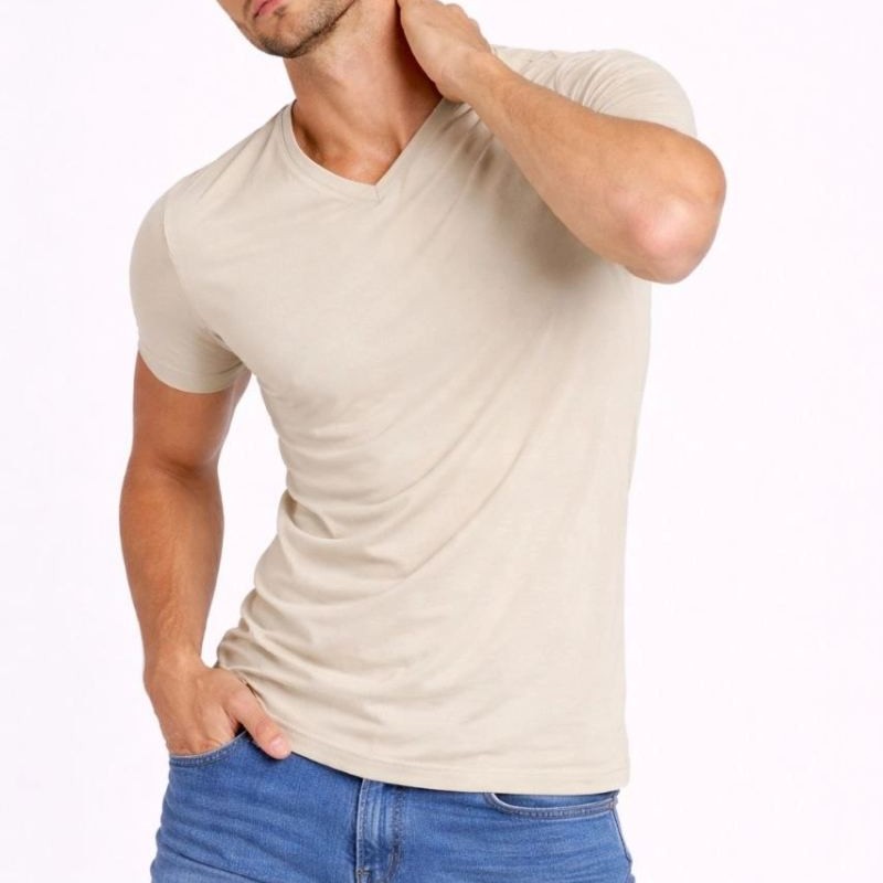 Erkek Body T-shirt V Yaka Slim Fit Likralı Kısa kol Tişört - Taş Erkek Body T-shirt V Yaka Slim Fit Likralı Kısa kol Tişört - Taş