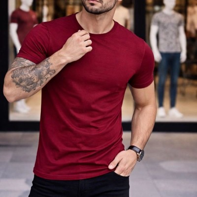 Erkek Body Tişört Bisiklet Yaka Slim Fit Likralı T-Shirt - Bordo