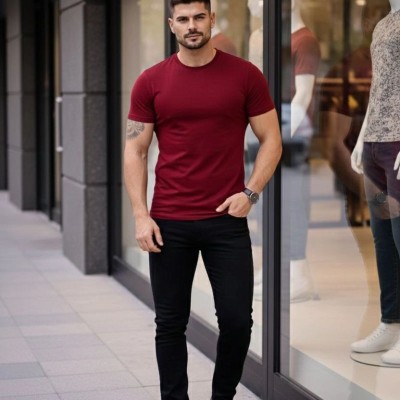 Erkek Body Tişört Bisiklet Yaka Slim Fit Likralı T-Shirt - Bordo