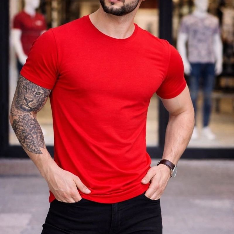 Erkek Body Tişört Bisiklet Yaka Slim Fit Likralı T-Shirt - Kırmızı Erkek Body Tişört Bisiklet Yaka Slim Fit Likralı T-Shirt - Kırmızı