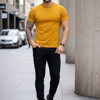 Erkek Body Tişört Bisiklet Yaka Slim Fit Likralı T-Shirt - Limon Erkek Body Tişört Bisiklet Yaka Slim Fit Likralı T-Shirt - Limon