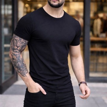 Erkek Body Tişört Bisiklet Yaka Slim Fit Likralı T-Shirt - Siyah