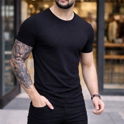 Erkek Body Tişört Bisiklet Yaka Slim Fit Likralı T-Shirt - Siyah