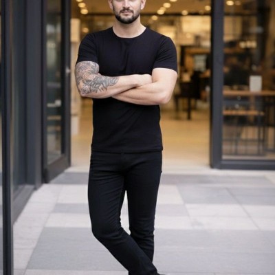 Erkek Body Tişört Bisiklet Yaka Slim Fit Likralı T-Shirt - Siyah