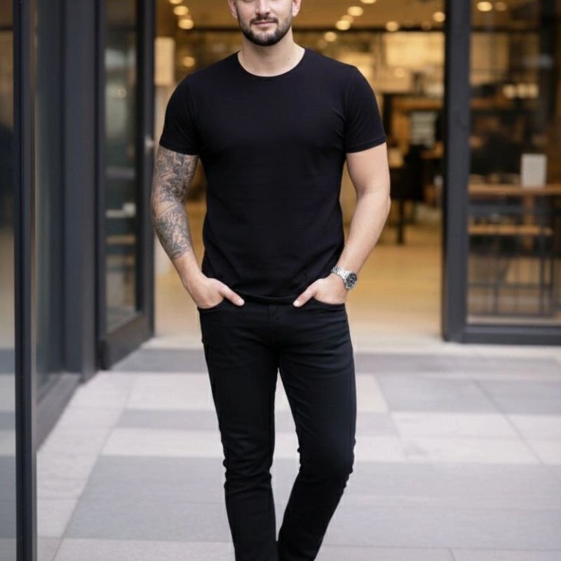 Erkek Body Tişört Bisiklet Yaka Slim Fit Likralı T-Shirt - Siyah