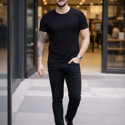 Erkek Body Tişört Bisiklet Yaka Slim Fit Likralı T-Shirt - Siyah