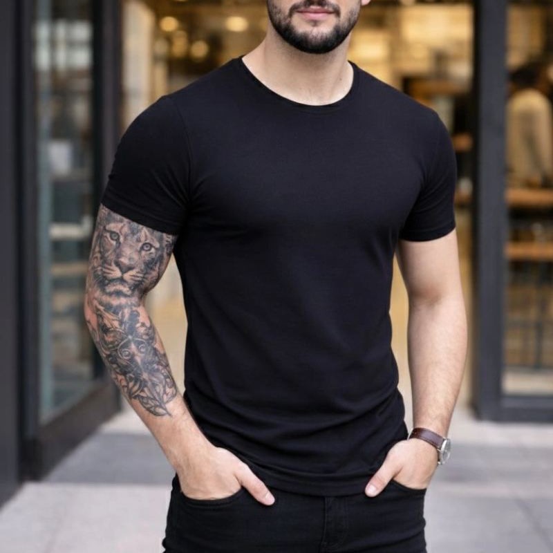 Erkek Body Tişört Bisiklet Yaka Slim Fit Likralı T-Shirt - Siyah