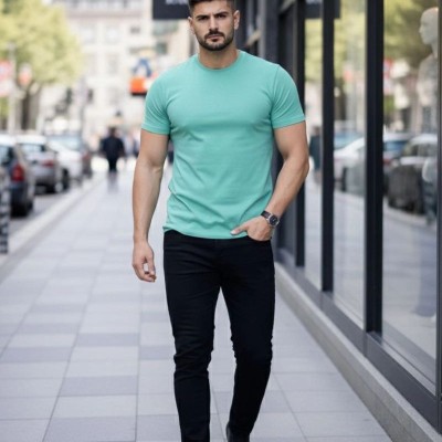 Erkek Body Tişört Bisiklet Yaka Slim Fit Likralı T-Shirt - Turkuvaz Erkek Body Tişört Bisiklet Yaka Slim Fit Likralı T-Shirt - Turkuvaz