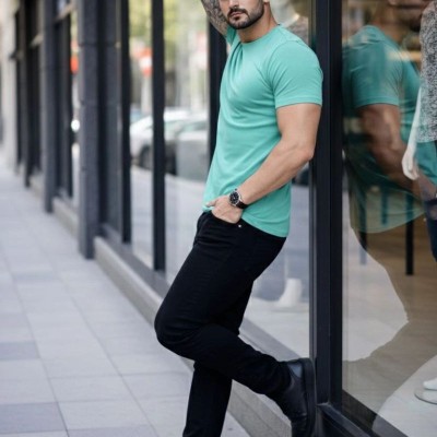Erkek Body Tişört Bisiklet Yaka Slim Fit Likralı T-Shirt - Turkuvaz Erkek Body Tişört Bisiklet Yaka Slim Fit Likralı T-Shirt - Turkuvaz