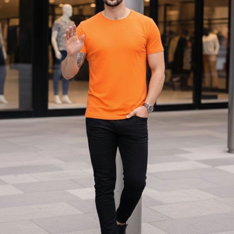 Erkek Body Tişört Bisiklet Yaka Slim Fit Likralı T-Shirt - Turuncu