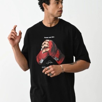 Erkek Boxy Eldiven Baskılı T-Shirt Kısa Kol Bisiklet Yaka Tişört - Siyah