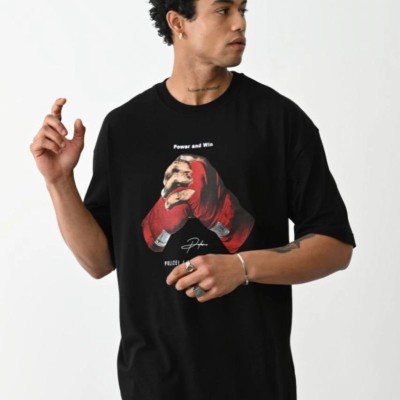 Erkek Boxy Eldiven Baskılı T-Shirt Kısa Kol Bisiklet Yaka Tişört - Siyah