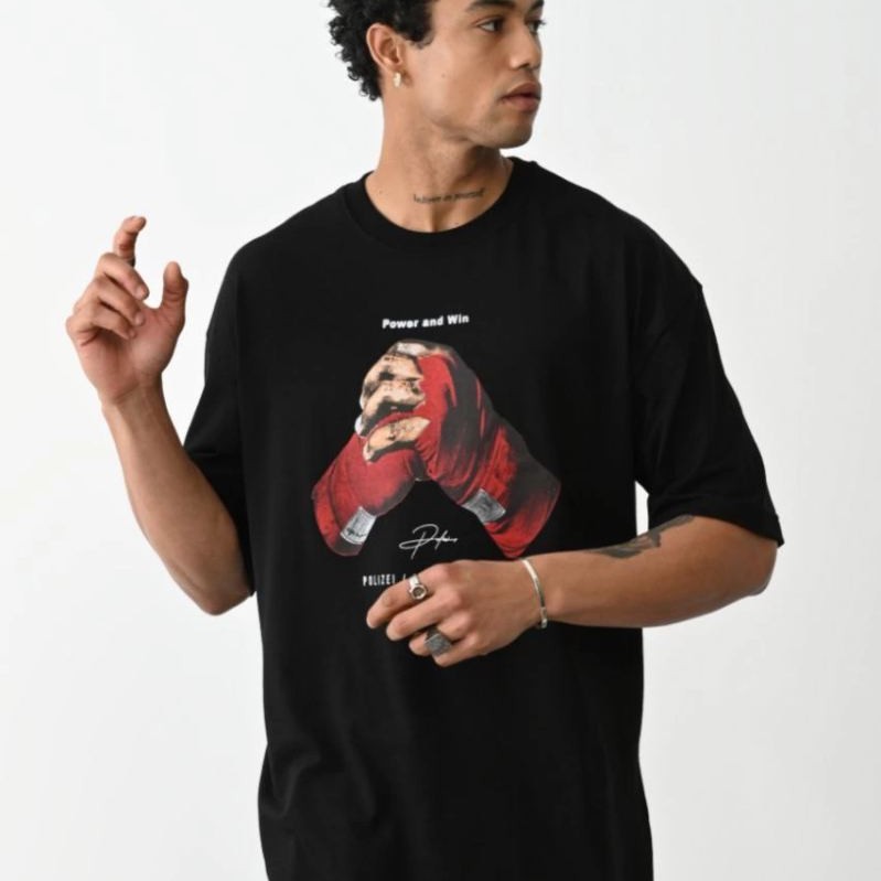 Erkek Boxy Eldiven Baskılı T-Shirt Kısa Kol Bisiklet Yaka Tişört - Siyah