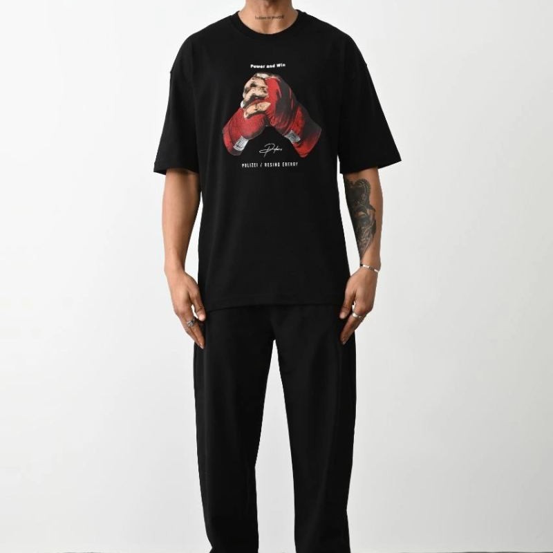 Erkek Boxy Eldiven Baskılı T-Shirt Kısa Kol Bisiklet Yaka Tişört - Siyah