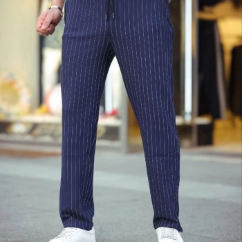 Erkek Cizgili Dokuma Krep Jogger Buggy Pantalon Rahat kalıp - Lacivert Erkek Cizgili Dokuma Krep Jogger Buggy Pantalon Rahat kalıp - Lacivert