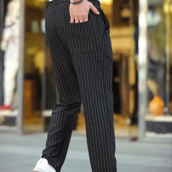 Erkek Cizgili Dokuma Krep Jogger Buggy Pantalon Rahat kalıp - Siyah Erkek Cizgili Dokuma Krep Jogger Buggy Pantalon Rahat kalıp - Siyah