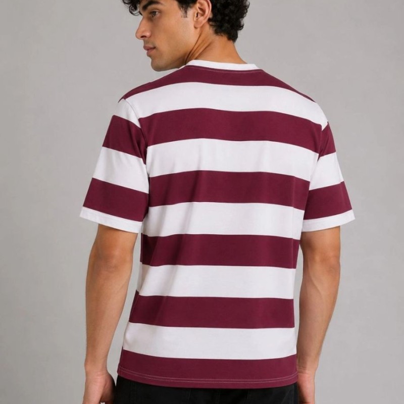 Erkek Çizgili Oversize Tişört Bisiklet Yaka Kısa Kol Yazlık T-Shirt - Bordo Erkek Çizgili Oversize Tişört Bisiklet Yaka Kısa Kol Yazlık T-Shirt - Bordo