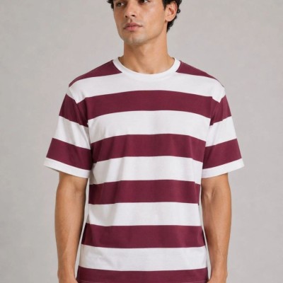 Erkek Çizgili Oversize Tişört Bisiklet Yaka Kısa Kol Yazlık T-Shirt - Bordo Erkek Çizgili Oversize Tişört Bisiklet Yaka Kısa Kol Yazlık T-Shirt - Bordo