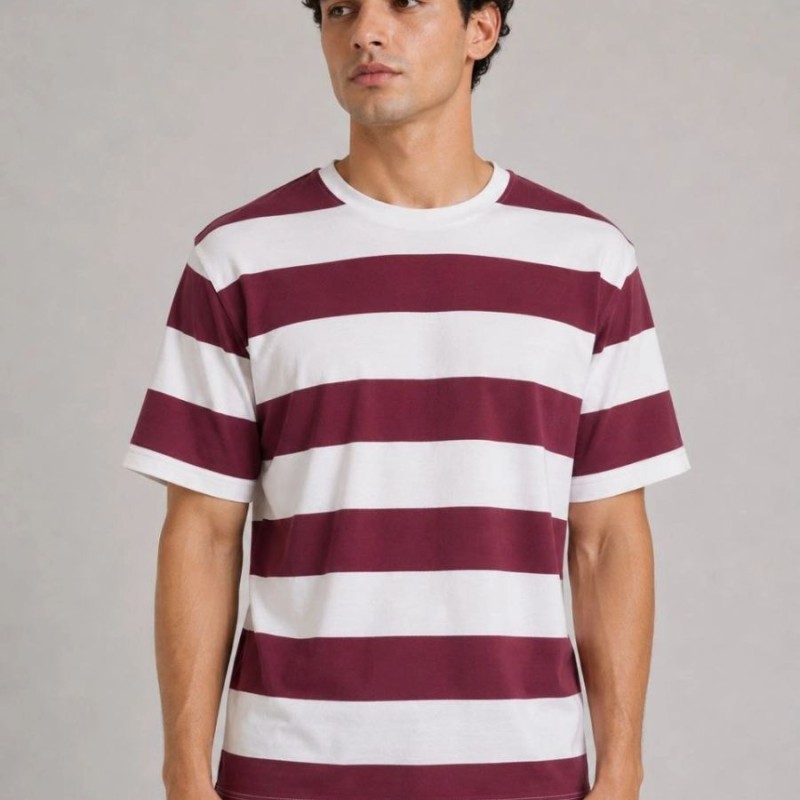 Erkek Çizgili Oversize Tişört Bisiklet Yaka Kısa Kol Yazlık T-Shirt - Bordo Erkek Çizgili Oversize Tişört Bisiklet Yaka Kısa Kol Yazlık T-Shirt - Bordo