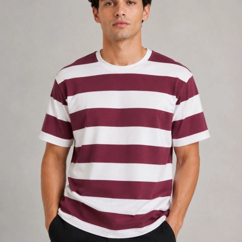 Erkek Çizgili Oversize Tişört Bisiklet Yaka Kısa Kol Yazlık T-Shirt - Bordo Erkek Çizgili Oversize Tişört Bisiklet Yaka Kısa Kol Yazlık T-Shirt - Bordo