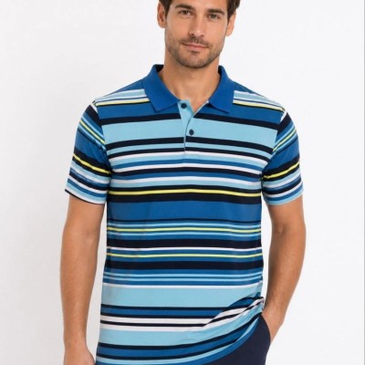 Erkek Çizgili Polo Yaka Tişört Kısa Kol Yazlık T-Shirt Regular Fit - Mavi Erkek Çizgili Polo Yaka Tişört Kısa Kol Yazlık T-Shirt Regular Fit - Mavi