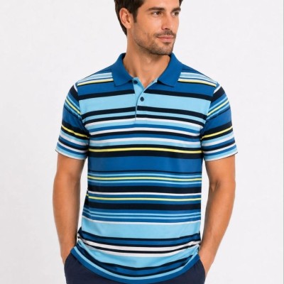 Erkek Çizgili Polo Yaka Tişört Kısa Kol Yazlık T-Shirt Regular Fit - Mavi Erkek Çizgili Polo Yaka Tişört Kısa Kol Yazlık T-Shirt Regular Fit - Mavi