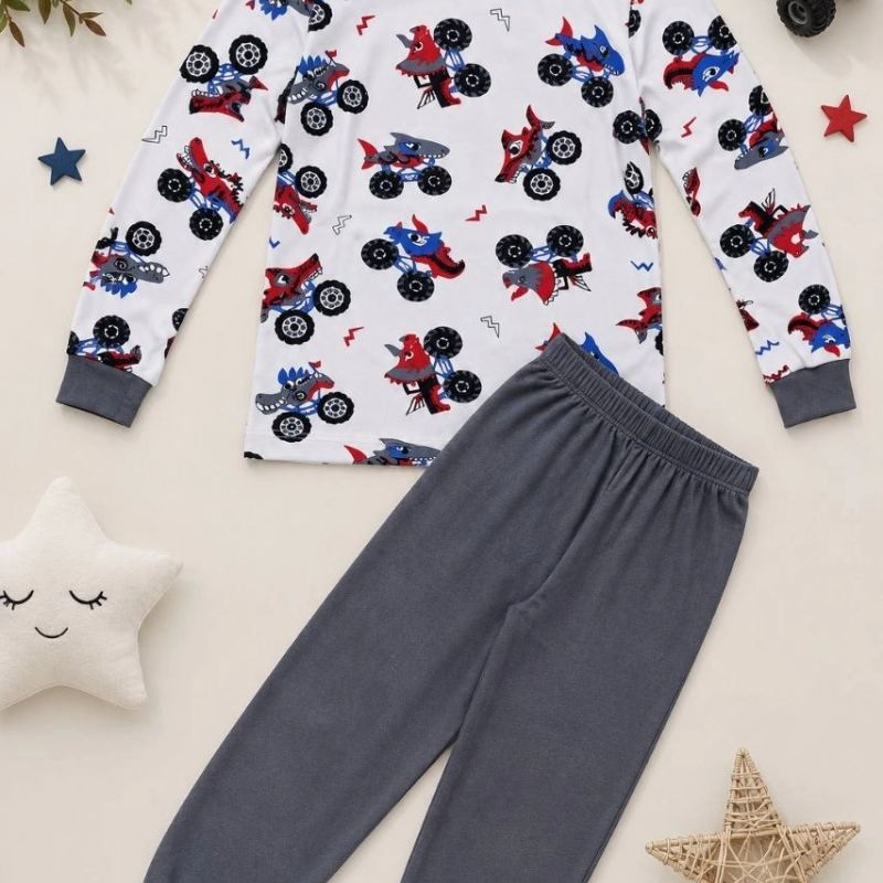Erkek Çocuk Premium Penye Canavar Araba Desenli Uzun Kollu Pijama Takımı 2-11 Yaş - Füme Erkek Çocuk Premium Penye Canavar Araba Desenli Uzun Kollu Pijama Takımı 2-11 Yaş - Füme