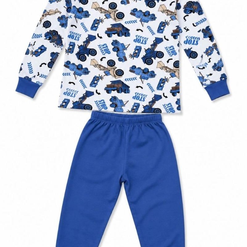 Erkek Çocuk Premium Penye İş Makinesi Desenli Uzun Kollu Pijama Takımı 2-11 Yaş - Mavi Erkek Çocuk Premium Penye İş Makinesi Desenli Uzun Kollu Pijama Takımı 2-11 Yaş - Mavi