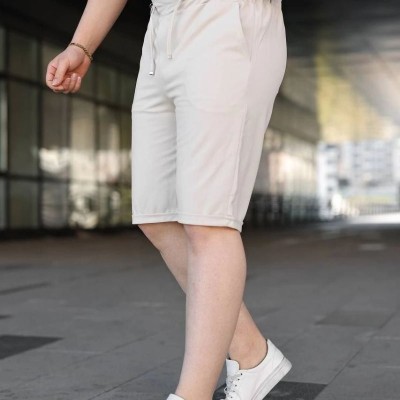 Erkek Diagonel Kumaş Duble Paça Cepli Bağcıklı Bel Lastikli ŞORT - Krem Erkek Diagonel Kumaş Duble Paça Cepli Bağcıklı Bel Lastikli ŞORT - Krem