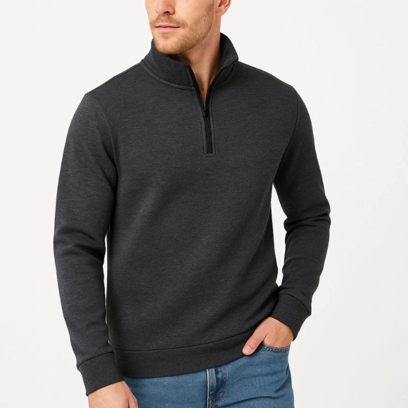 Erkek Dik Yaka Yarım Fermuarlı 3 İplik Pamuklu Sweatshirt - Antrasit Erkek Dik Yaka Yarım Fermuarlı 3 İplik Pamuklu Sweatshirt - Antrasit