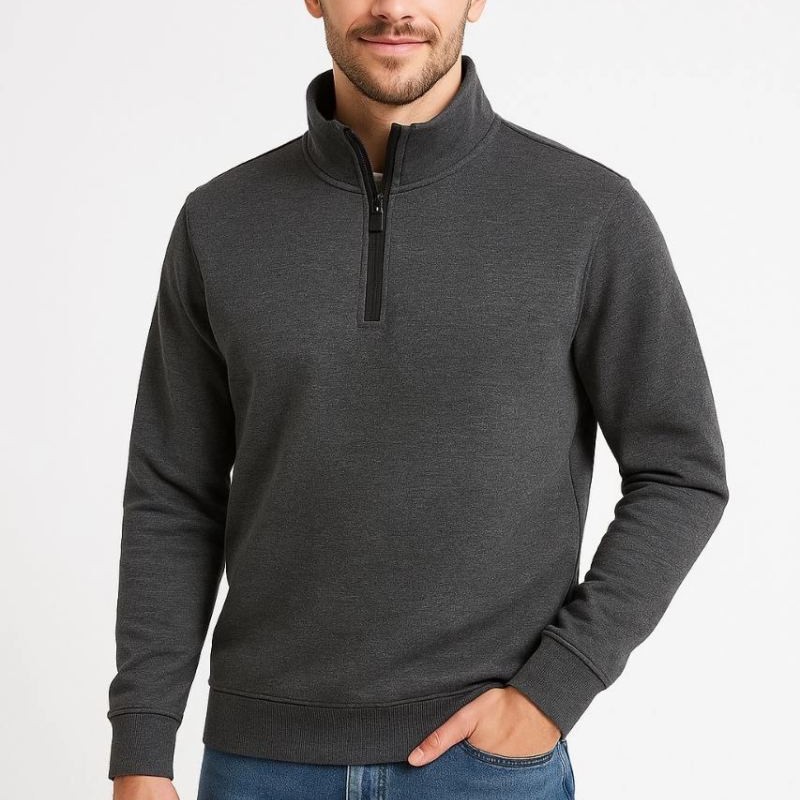 Erkek Dik Yaka Yarım Fermuarlı 3 İplik Pamuklu Sweatshirt - Antrasit Erkek Dik Yaka Yarım Fermuarlı 3 İplik Pamuklu Sweatshirt - Antrasit