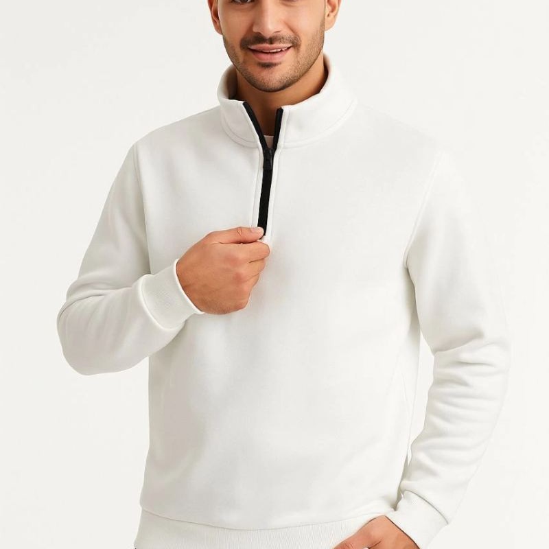 Erkek Dik Yaka Yarım Fermuarlı 3 İplik Pamuklu Sweatshirt - Beyaz Erkek Dik Yaka Yarım Fermuarlı 3 İplik Pamuklu Sweatshirt - Beyaz