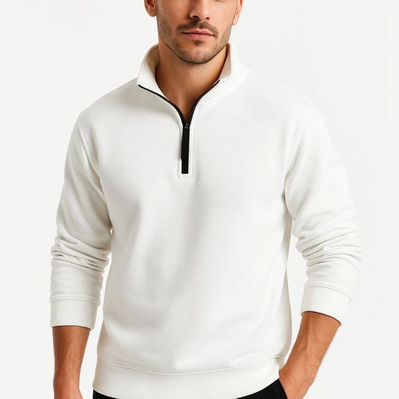Erkek Dik Yaka Yarım Fermuarlı 3 İplik Pamuklu Sweatshirt - Beyaz Erkek Dik Yaka Yarım Fermuarlı 3 İplik Pamuklu Sweatshirt - Beyaz
