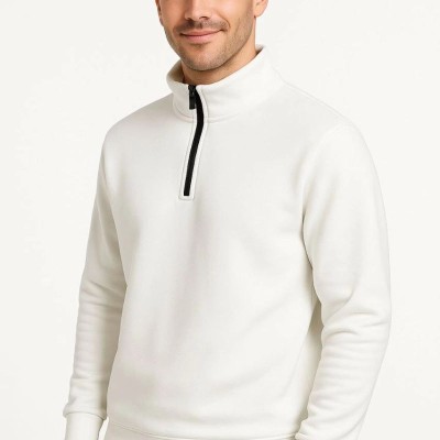 Erkek Dik Yaka Yarım Fermuarlı 3 İplik Pamuklu Sweatshirt - Beyaz Erkek Dik Yaka Yarım Fermuarlı 3 İplik Pamuklu Sweatshirt - Beyaz